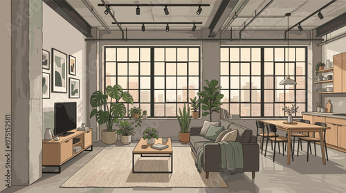 Illustration of a modern industrial loft apartment. Cozy open-plan living room with city view, plants, and wooden furniture. Perfect for design, real estate, or lifestyle concepts.