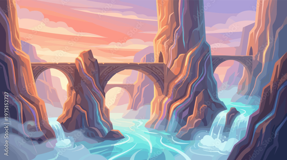 Fototapeta premium A stunning illustration of a fantasy landscape. An ancient stone bridge crosses a canyon with a vibrant turquoise river and waterfalls, set against a beautiful pink and orange sunset sky.