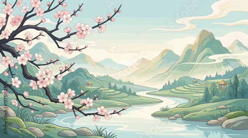 Serene Asian landscape illustration. Pink cherry blossoms frame a view of a winding river, green mountains, and pagodas. Peaceful, traditional art style for backgrounds and travel.