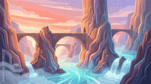 A stunning illustration of a fantasy landscape. An ancient stone bridge crosses a canyon with a vibrant turquoise river and waterfalls, set against a beautiful pink and orange sunset sky.