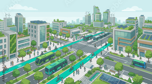 Illustration of a green city with solar panels, wind turbines, and electric transport. Concept for sustainable urban living, smart technology, and an eco-friendly future.