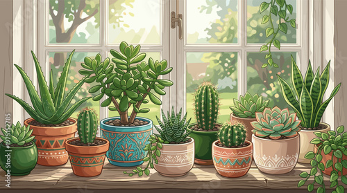 A cozy illustration of various potted succulents and cacti on a sunny wooden windowsill. Perfect for gardening blogs, home decor themes, and wellness content.