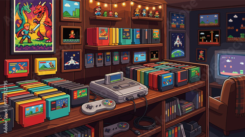 Illustration of a nostalgic gamer room with a vintage console, controllers, and shelves of classic video games. Perfect for retro tech, hobby, and 90s culture concepts.