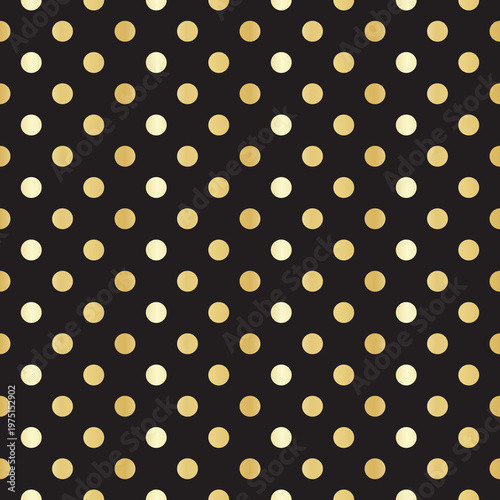 Elegant gold polka dot pattern on dark black background. Seamless luxury design perfect for premium branding, invitations, packaging and festive decor.