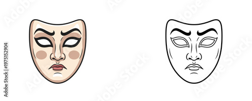Theater drama mask illustrations in colored cartoon and black linear styles with sad expression in beige and white colors representing acting and tragedy on a white background