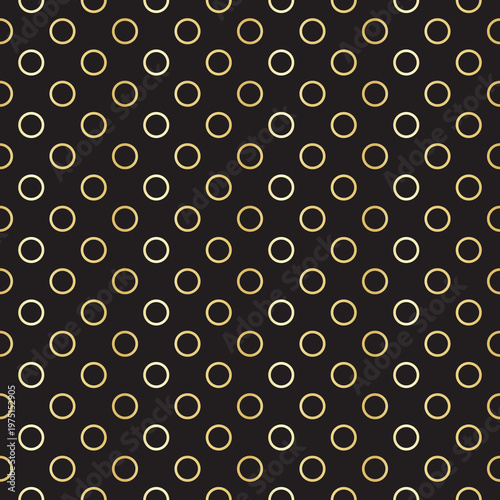 Minimal gold ring polka dot pattern on black background. Stylish seamless geometric design ideal for modern branding, packaging and elegant wallpapers.