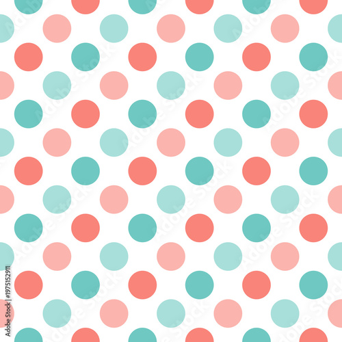 Pastel polka dot pattern with coral and teal circles on light background. Soft seamless design perfect for baby themes, textiles and gentle branding.