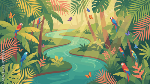 Vibrant illustration of a lush jungle with a winding river, colorful parrots, and butterflies. Perfect for travel, nature, or kids' backgrounds.