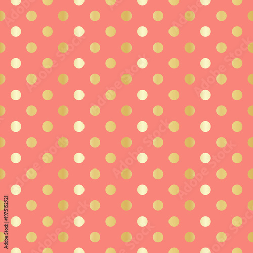 Soft coral background with gold polka dots. Elegant seamless pattern perfect for feminine branding, invitations, packaging and stylish decorative designs.
