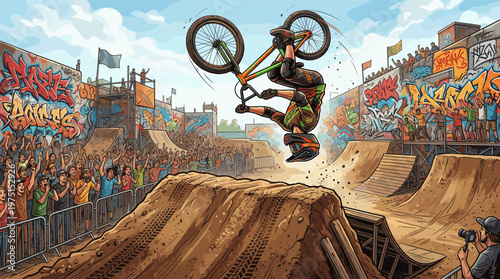 Dynamic cartoon illustration of a mountain biker doing a backflip at a slopestyle event. A cheering crowd and graffiti walls create a vibrant, urban, and energetic atmosphere.