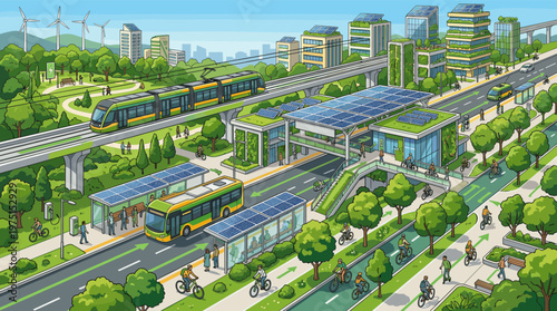 A detailed illustration of a futuristic green city. Shows sustainable living with electric transport, solar power, and green buildings. Ideal for ecology and technology concepts.