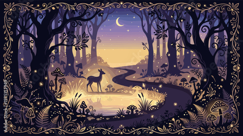 Enchanting illustration of a fantasy forest at night. A fawn by a moonlit pond with fireflies and mushrooms. Perfect for fairytales, backgrounds, and magical themes.