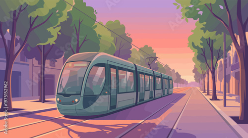 Vector illustration of a modern light rail vehicle on a quiet city avenue during a beautiful sunset. Perfect for public transport, eco-friendly mobility, and travel themes.