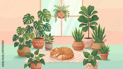 Vector illustration of a tabby cat napping in a tranquil room surrounded by green potted plants. Represents comfort, hygge, and a pet-friendly home.