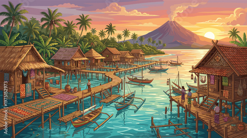 Vibrant illustration of a traditional stilt fishing village in Southeast Asia at sunset. Serene scene with volcano, palm trees, boats. Ideal for travel or cultural themes.