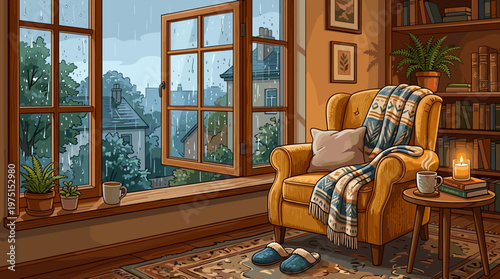 Cozy living room illustration with an armchair by an open window looking out at the rain. A warm, relaxing scene perfect for backgrounds, blogs, and hygge concepts.