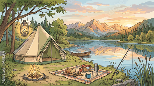 Illustration of a tranquil camping scene. Tent, campfire, and picnic by a serene mountain lake at sunset. Ideal for travel, vacation, recreation, and nature concepts.