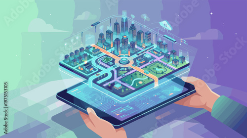 Hands hold a tablet showing an augmented reality isometric smart city. A concept for future tech, IoT, connectivity, urban planning, and data visualization. Vector illustration.