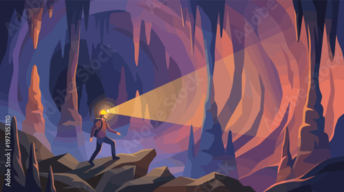 Vector illustration of an explorer with a headlamp in a vast cave. A concept for adventure, discovery, journey, facing challenges, and finding a new path.