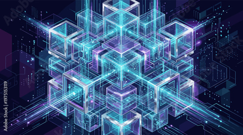 A complex network of interconnected, glowing data cubes in an isometric view. Symbolizes blockchain, AI, fintech, and advanced digital information systems. Futuristic concept.