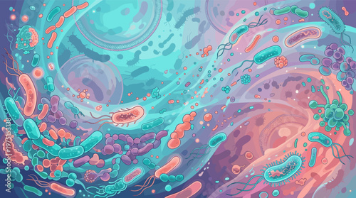 A vibrant illustration of diverse microorganisms like bacteria and germs. This dynamic, colorful microscopic world is perfect for science, health, and medical concepts.
