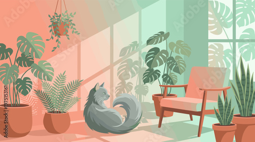 A calm cat sits in a cozy, sunlit room filled with green plants. Modern interior illustration for home decor, pet care, or lifestyle concepts. Peaceful and relaxing vibe.