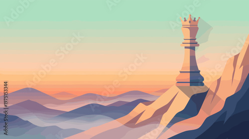 Vector illustration of a chess queen on a mountain peak at dawn. Symbolizes strategy, leadership, and vision. Ideal for business concepts and motivational designs.