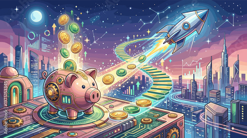 A futuristic piggy bank collects coins as a rocket launches into space. Symbolizes financial growth, investment strategy, fintech innovation, savings, and wealth success.