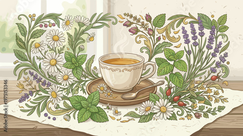 A vintage-style illustration of a steaming cup of herbal tea. Framed by chamomile, lavender, and mint for wellness, relaxation, or cafe themes. Cozy and calming.
