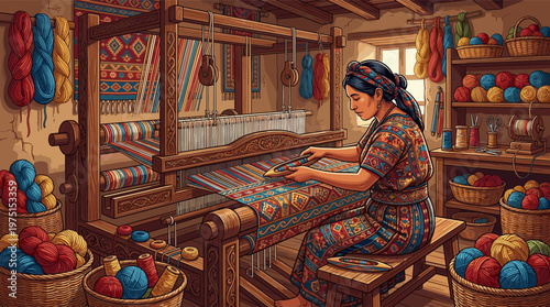 A woman artisan in traditional clothing creating a colorful rug on a large wooden loom in a rustic workshop. Evokes heritage, skill, and handmade craft. For cultural or art concepts.
