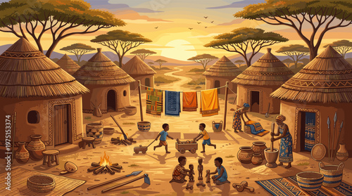 A vibrant illustration of daily life in a traditional African village at sunset. People work and play among thatched huts, evoking a sense of community, culture, and heritage.