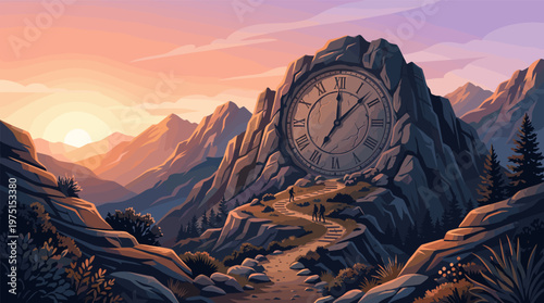 A surreal illustration of a mountain with a giant clock face. Travelers walk a path towards it at sunset. Concept for time, journey, life goals, and destiny.