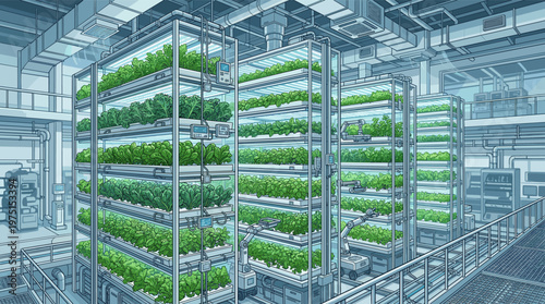 Illustration of a modern automated vertical farm. Robots tend to leafy greens growing under LED lights in a high-tech sustainable hydroponics system. Ideal for agritech.