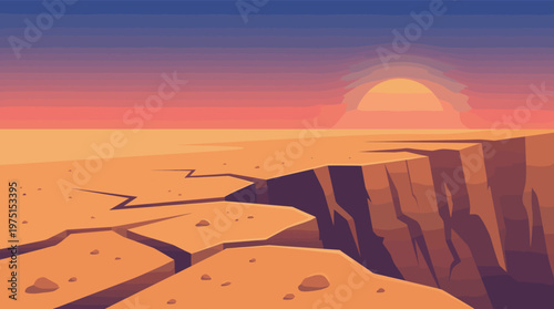 Stylized sunset over a vast, arid canyon. Cracked ground on a cliff edge creates a dramatic mood. Ideal for web design, gaming, or adventure concepts.
