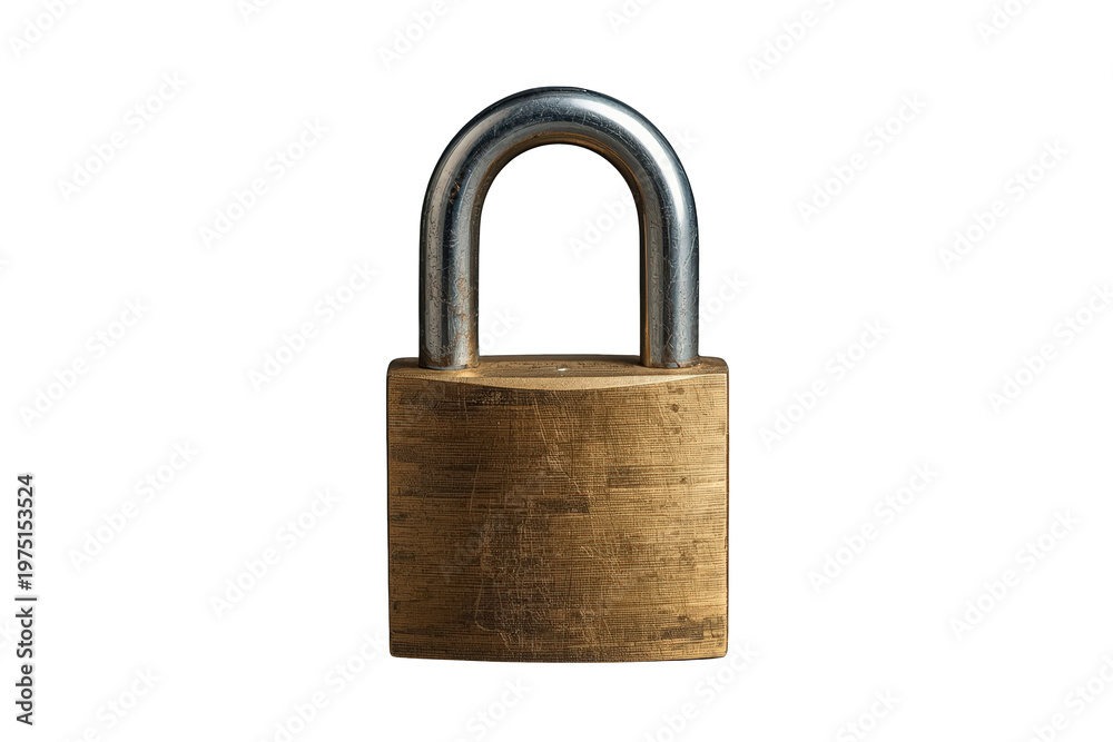 Naklejka premium Padlock showing security, safety, and protection. Featuring a brass body and steel shackle, isolated object