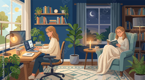 Illustration of work-life balance. Woman works on a laptop by day and reads a book at night in a cozy room. Concept for remote work, daily routine, and self-care.
