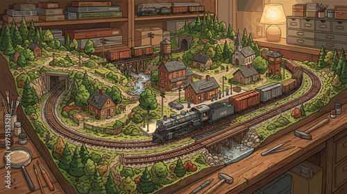 Detailed illustration of a model train set in a workshop. A miniature town and forest create a cozy, nostalgic scene. Ideal for hobby, creativity, or craftsmanship themes.