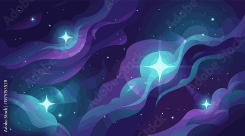 A vibrant vector illustration of a cosmic nebula in deep space. Swirling clouds of purple and blue glow around bright stars. Perfect for sci-fi, fantasy, or web backgrounds.