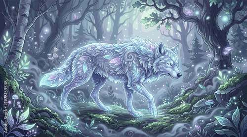 An ethereal spirit wolf with glowing crystalline fur walks through a magical, moonlit forest. A mystical illustration for fantasy, mythology, and spiritual themes.