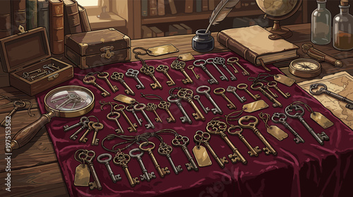 An illustration of antique keys on a desk in a study. A scene of mystery and adventure with books, a map, and a compass. Perfect for escape rooms, games, or fantasy themes.