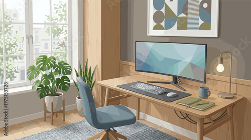 Illustration of a modern, cozy home office. A wooden desk with a computer and plants by a window creates a calm, productive atmosphere for remote work or study.