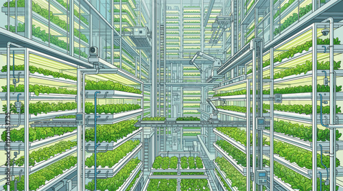 High-tech automated vertical farm illustration. Robotic arms and conveyor belts manage hydroponic greens. Concept for future food, sustainability, and agritech.