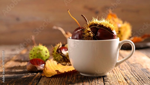A white mug overflows with chestnuts in their spiky casings, complemented by fallen leaves on a rustic wooden surface