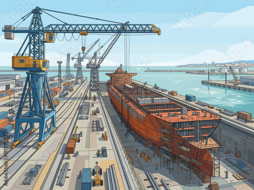 Illustration of a bustling shipyard with a large cargo ship being built in a dry dock. Cranes and workers depict industry, logistics, and maritime engineering.