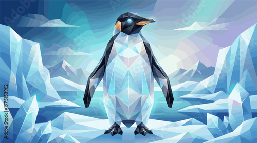 A modern illustration of a penguin in a low poly, geometric style. The bird stands majestically in a cool, icy arctic landscape. Ideal for tech, nature, or corporate themes.