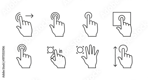 A set of hand icons illustrating various touchscreen gestures in a minimalist line art style