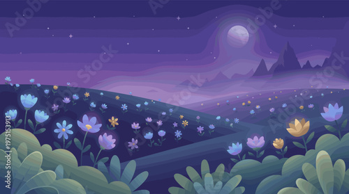 A magical night landscape with a field of glowing flowers under a starry sky and moon. A serene, enchanting vector illustration for backgrounds, fantasy concepts, or calm themes.