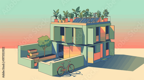 Illustration of a modern eco house with a rooftop garden, solar panels, and bicycle. Concept for sustainable living, green architecture, and renewable energy.