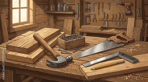An illustration of a carpenter's workbench with a hammer, saw, and nails. This cozy, traditional workshop scene is ideal for DIY, craft, and construction concepts.