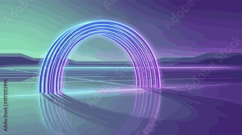 A glowing blue and purple neon arch in a retro digital world. Abstract synthwave landscape with a grid floor and reflections. Perfect for technology, gaming, or music themes.